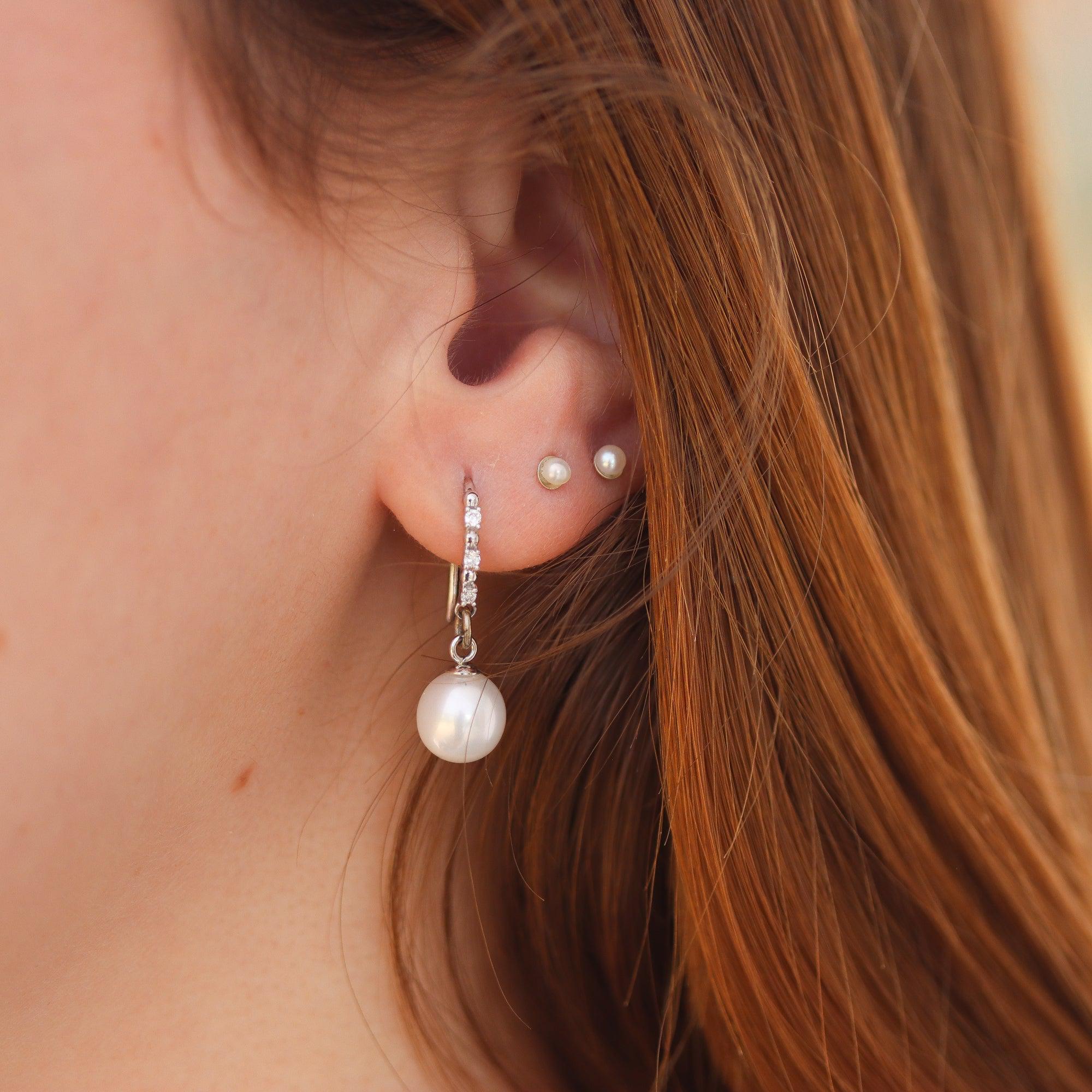 Large Diamond and Pearl Drops in Solid 14K White Gold