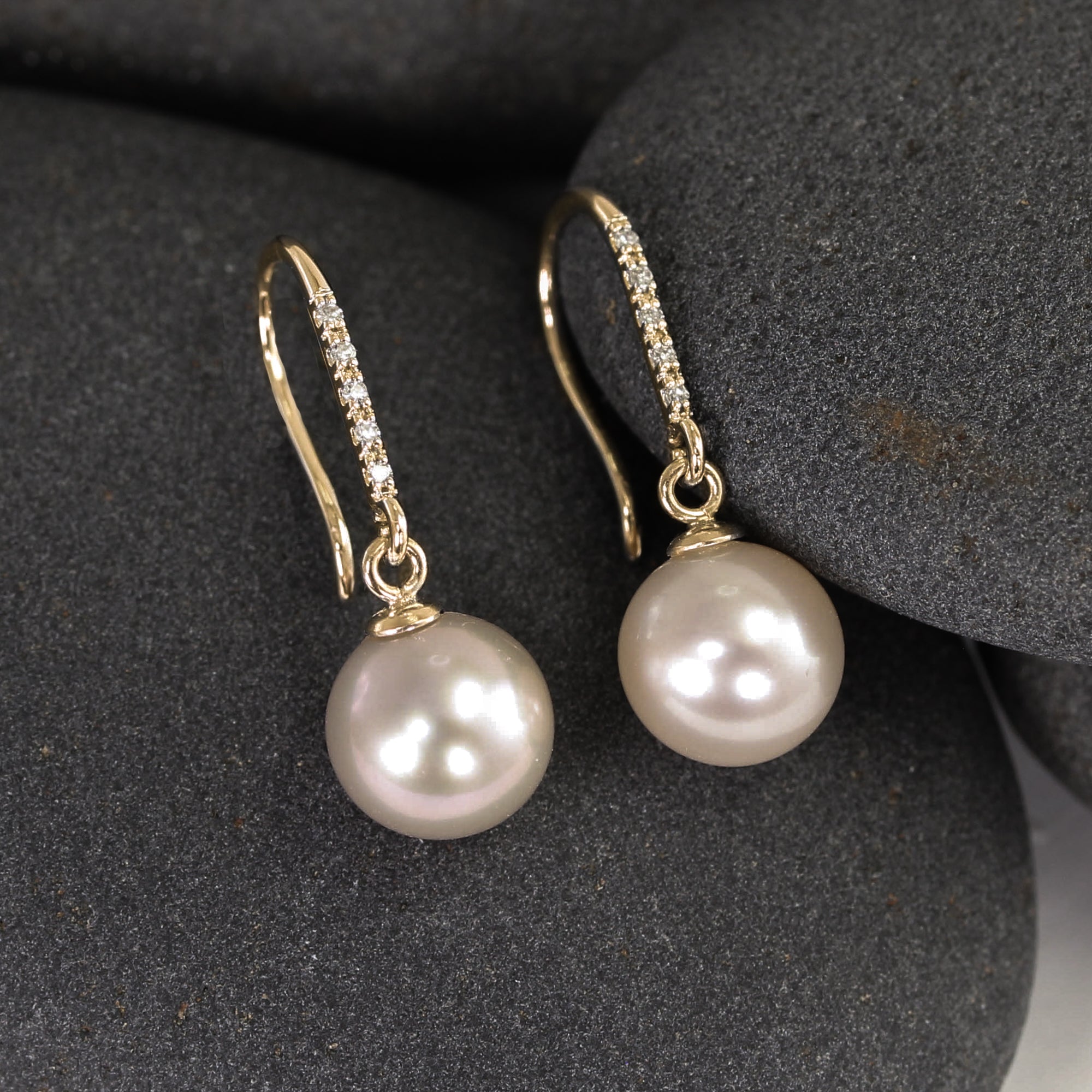 Large Pearl Drops in 14K with Diamond Encrusted Hoops – Lotus Stone Design