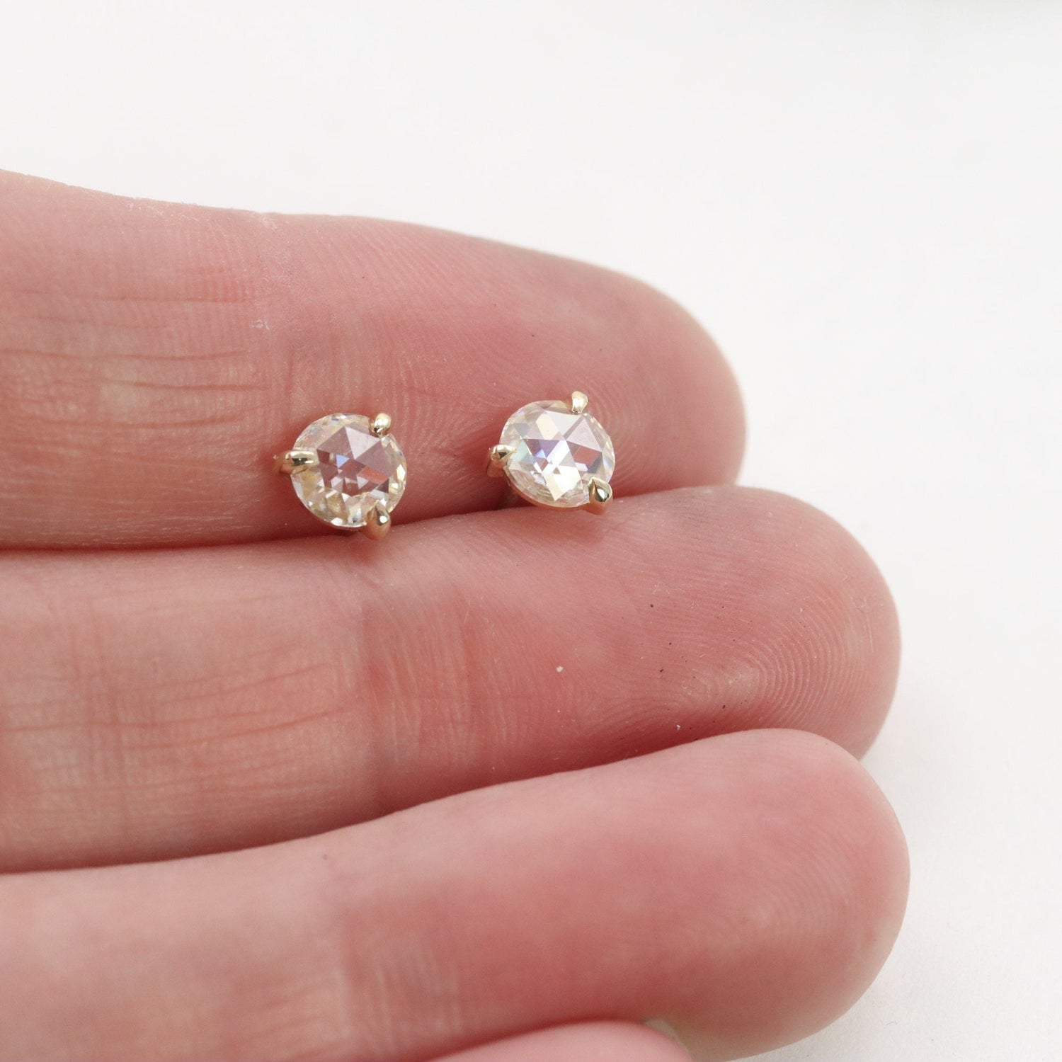 Solid 14K Rose Cut Lab Diamond Studs with Large 5mm Moissanites