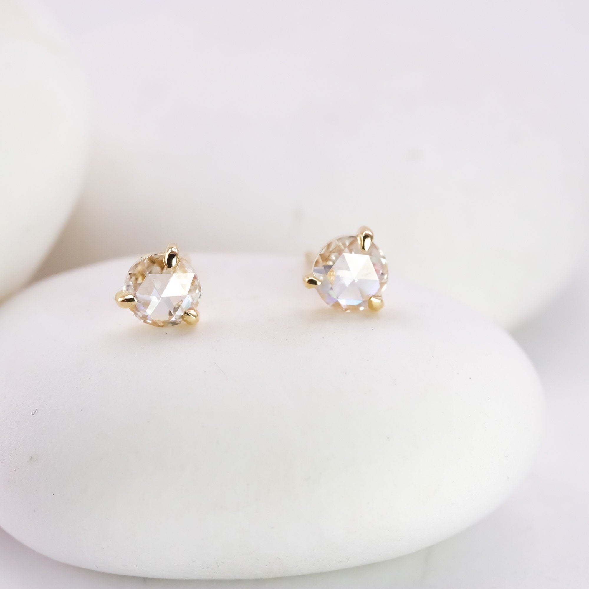 Solid 14K Rose Cut Lab Diamond Studs with Large 5mm Moissanites