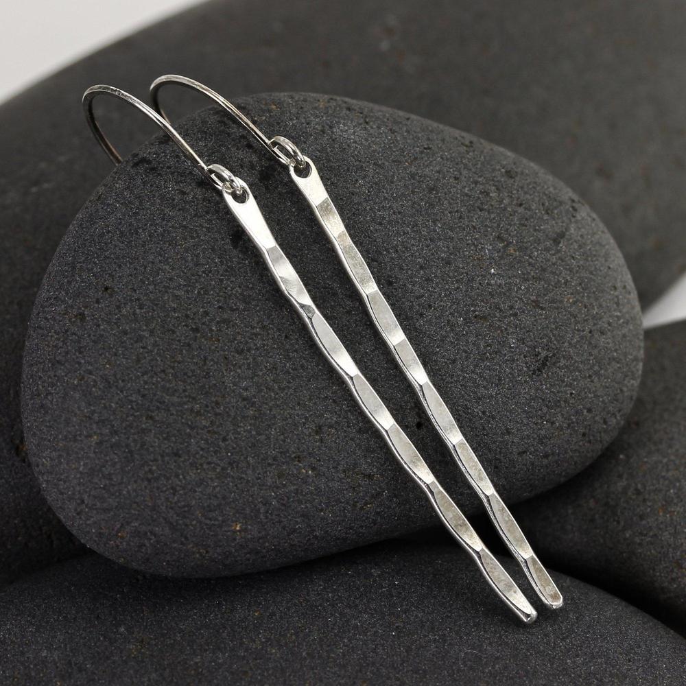 Thin Hammered Stick Earrings, Long Hammered Dangles