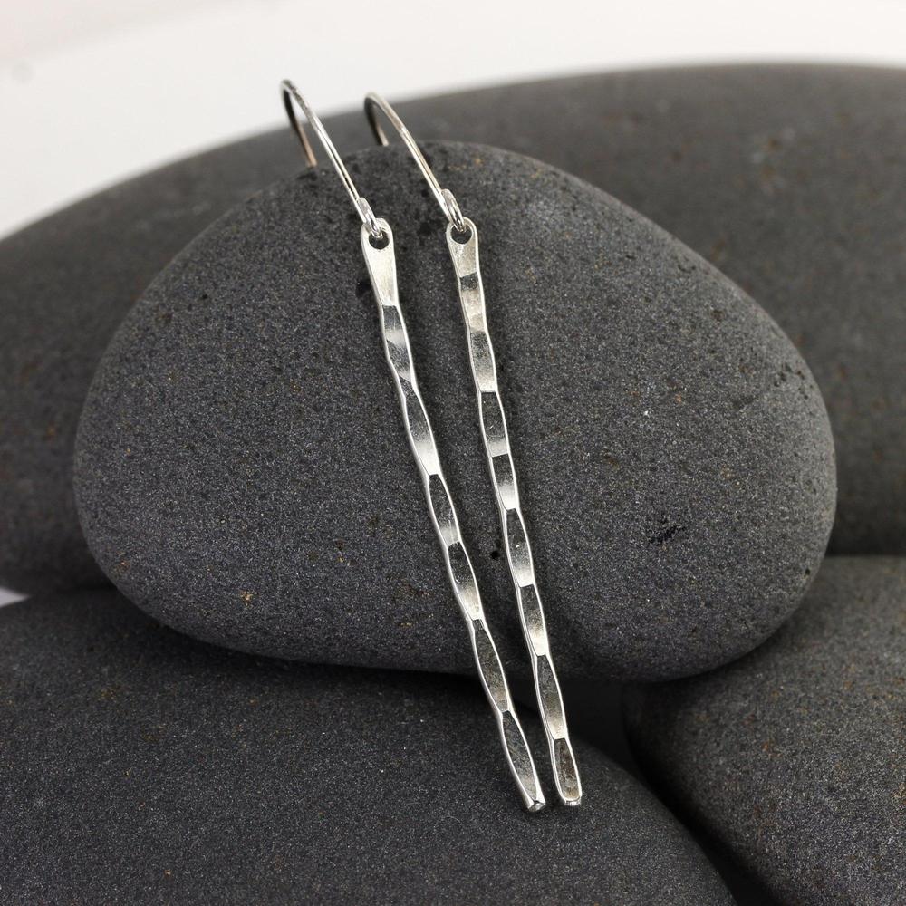 Thin Hammered Stick Earrings, Long Hammered Dangles