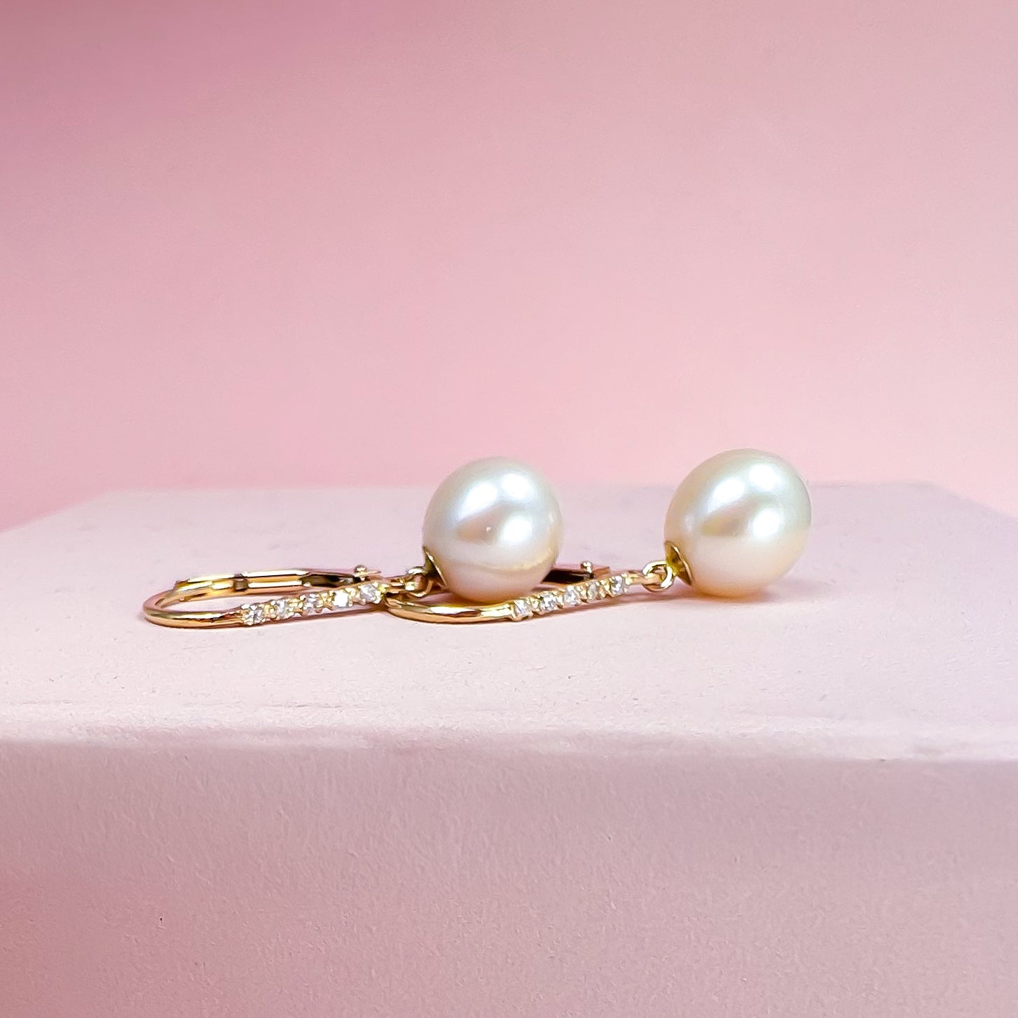 14k Solid Gold Diamond and Pearl Hoops