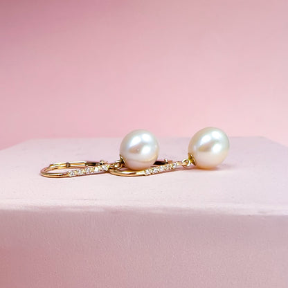 14k Solid Gold Diamond and Pearl Hoops