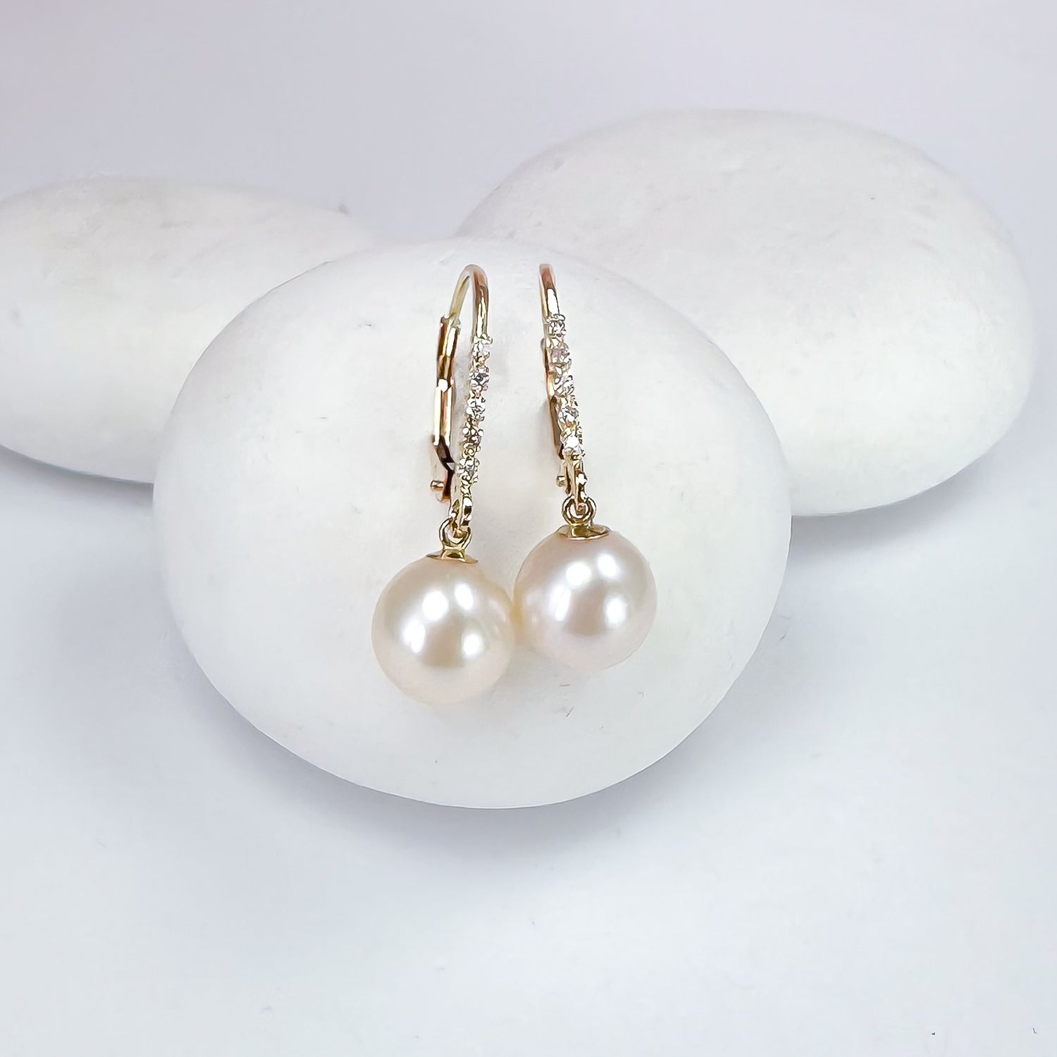 14k Solid Gold Diamond and Pearl Hoops
