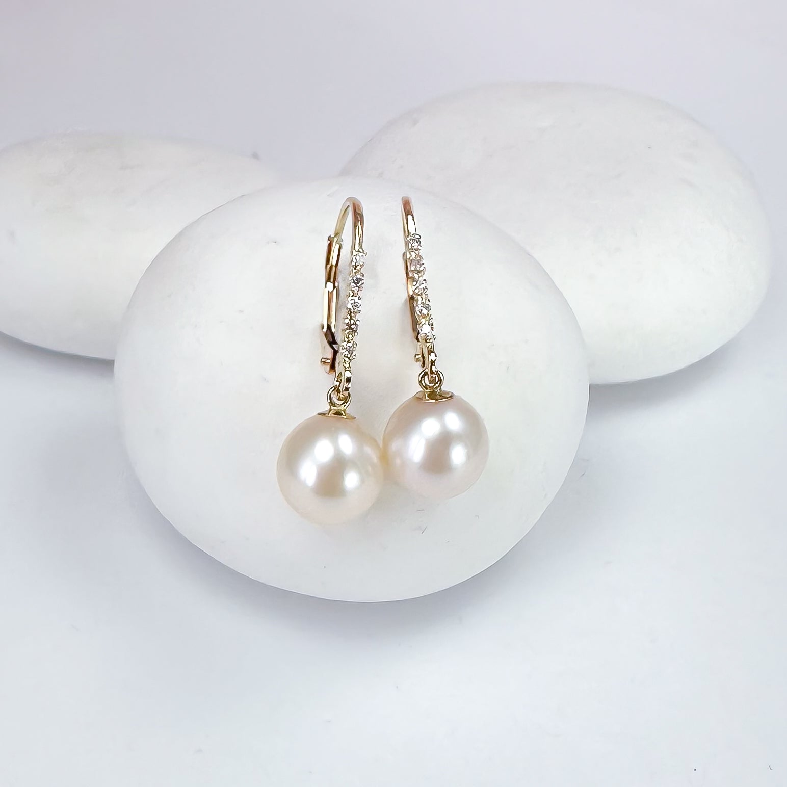 14k Solid Gold Diamond and Pearl Hoops