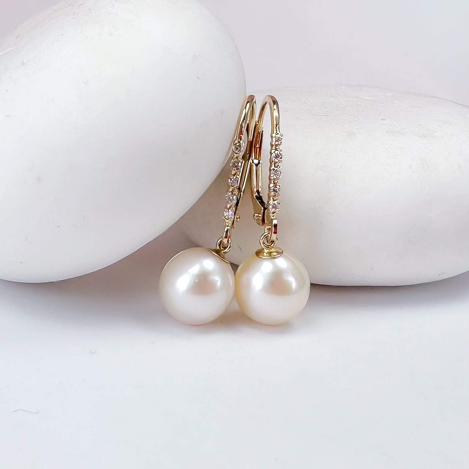 14k Solid Gold Diamond and Pearl Hoops
