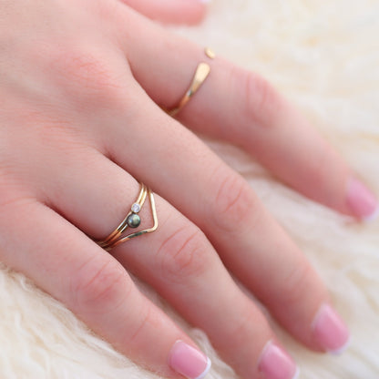 Black Mini Pearl Stacking Ring in Gold Fill