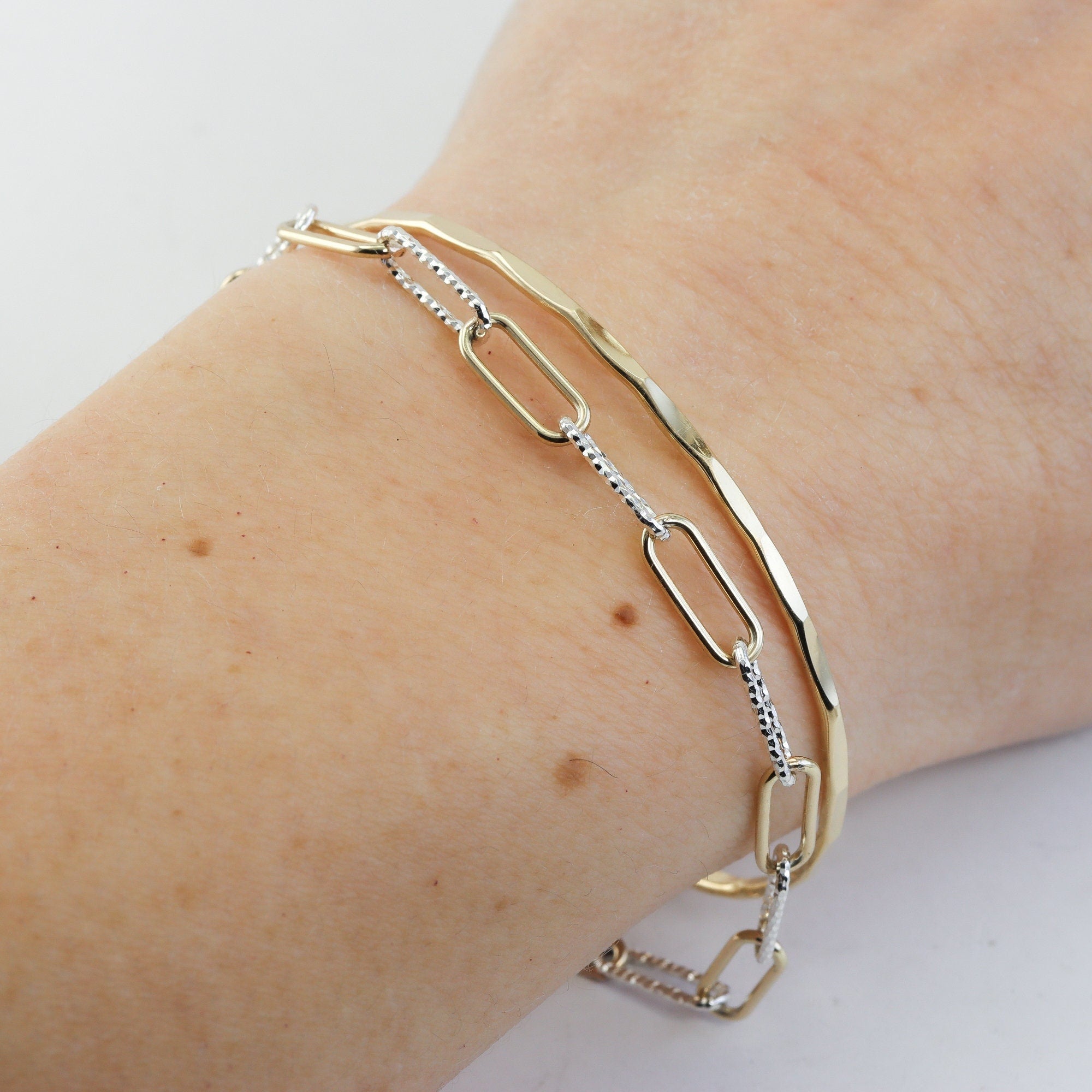 Chunky Paperclip Chain Bracelet in Gold and Silver - Mixed Metals Charm Bracelet with Sparkle Faceting