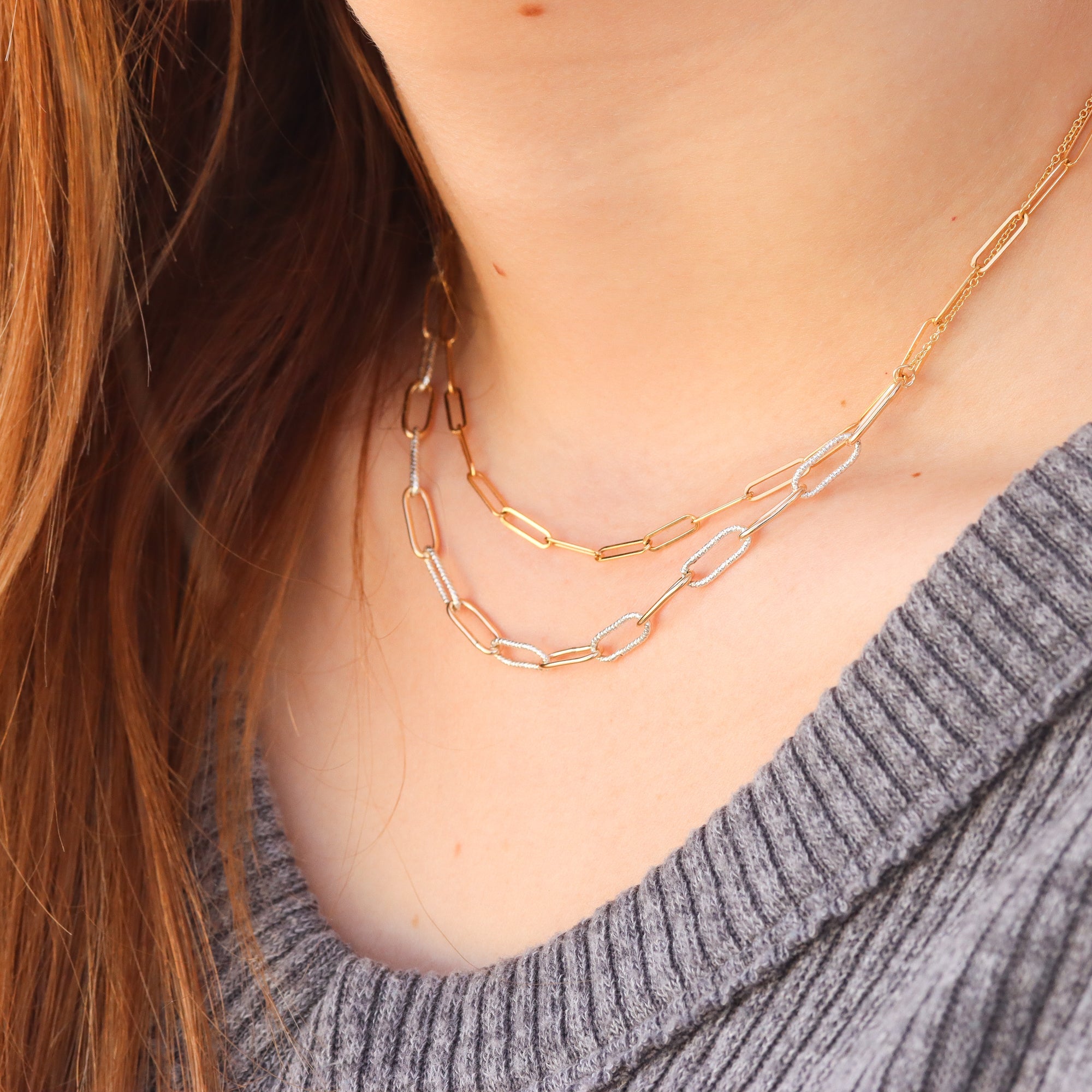 Chunky Paperclip Chain Necklace in Gold Fill and Silver - Mixed Metals Layering Necklace with Sparkle Faceting