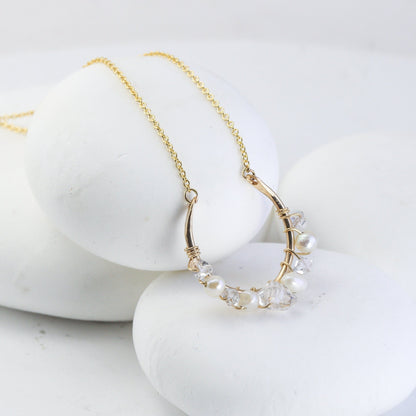 Crescent Pearl and Herkimer Diamond Necklace in Gold Fill or Rose Gold Fill