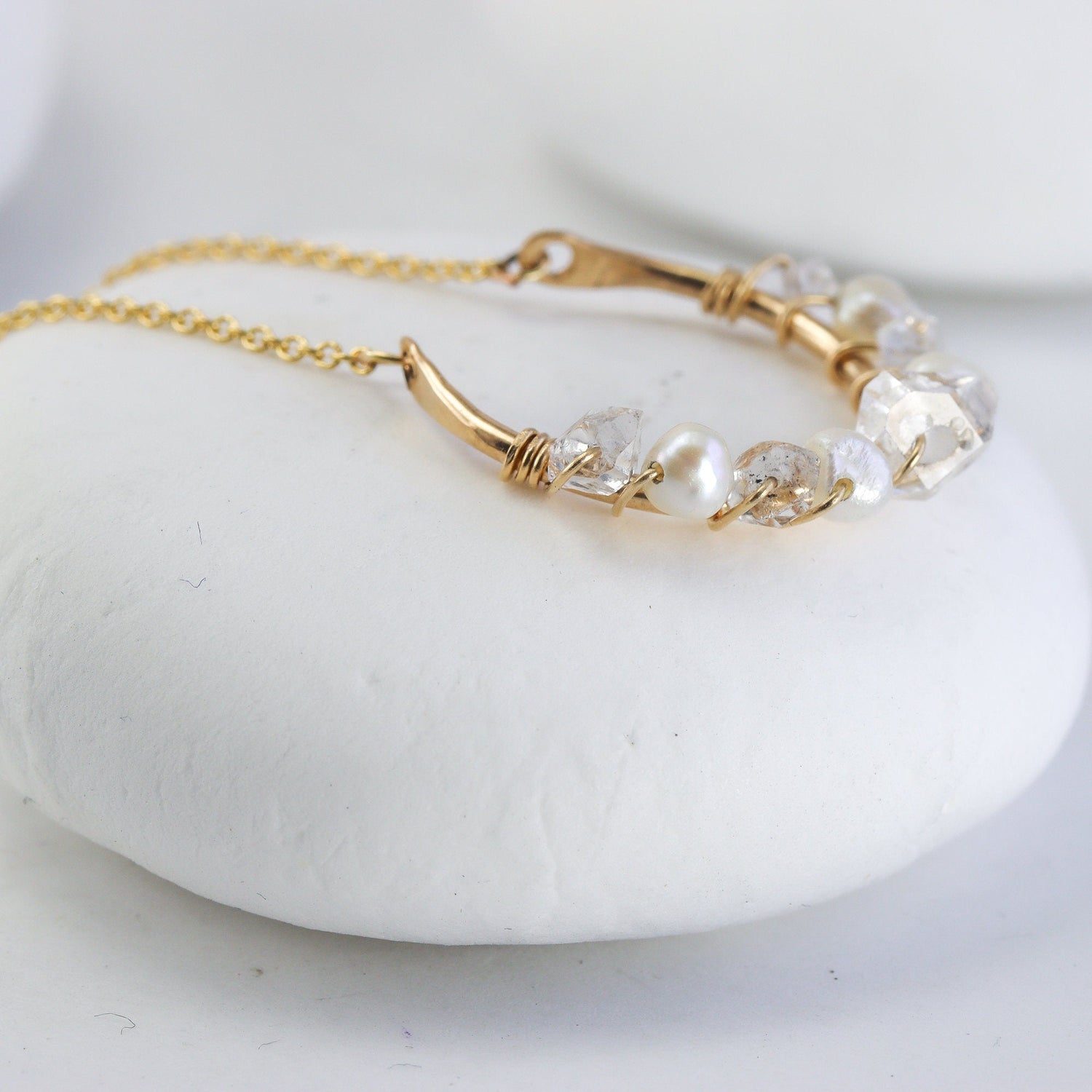 Crescent Pearl and Herkimer Diamond Necklace in Gold Fill or Rose Gold Fill