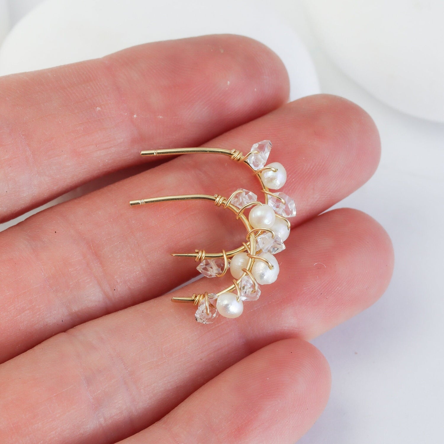 Herkimer Diamond and Pearl Hoops in Gold Fill
