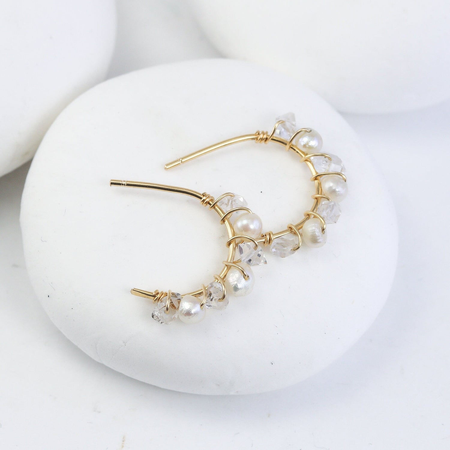 Herkimer Diamond and Pearl Hoops in Gold Fill