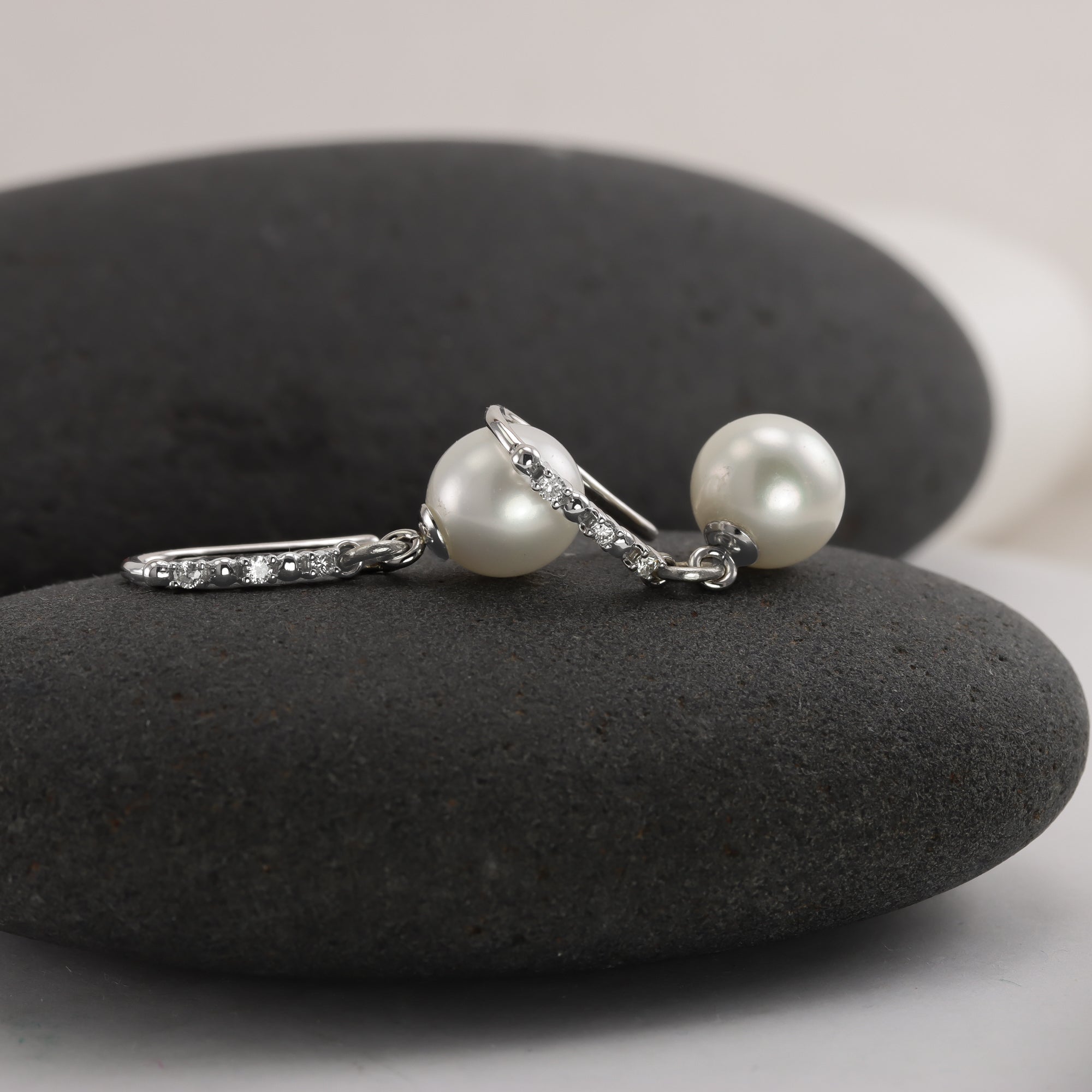 Large Diamond and Pearl Drops in Solid 14K White Gold