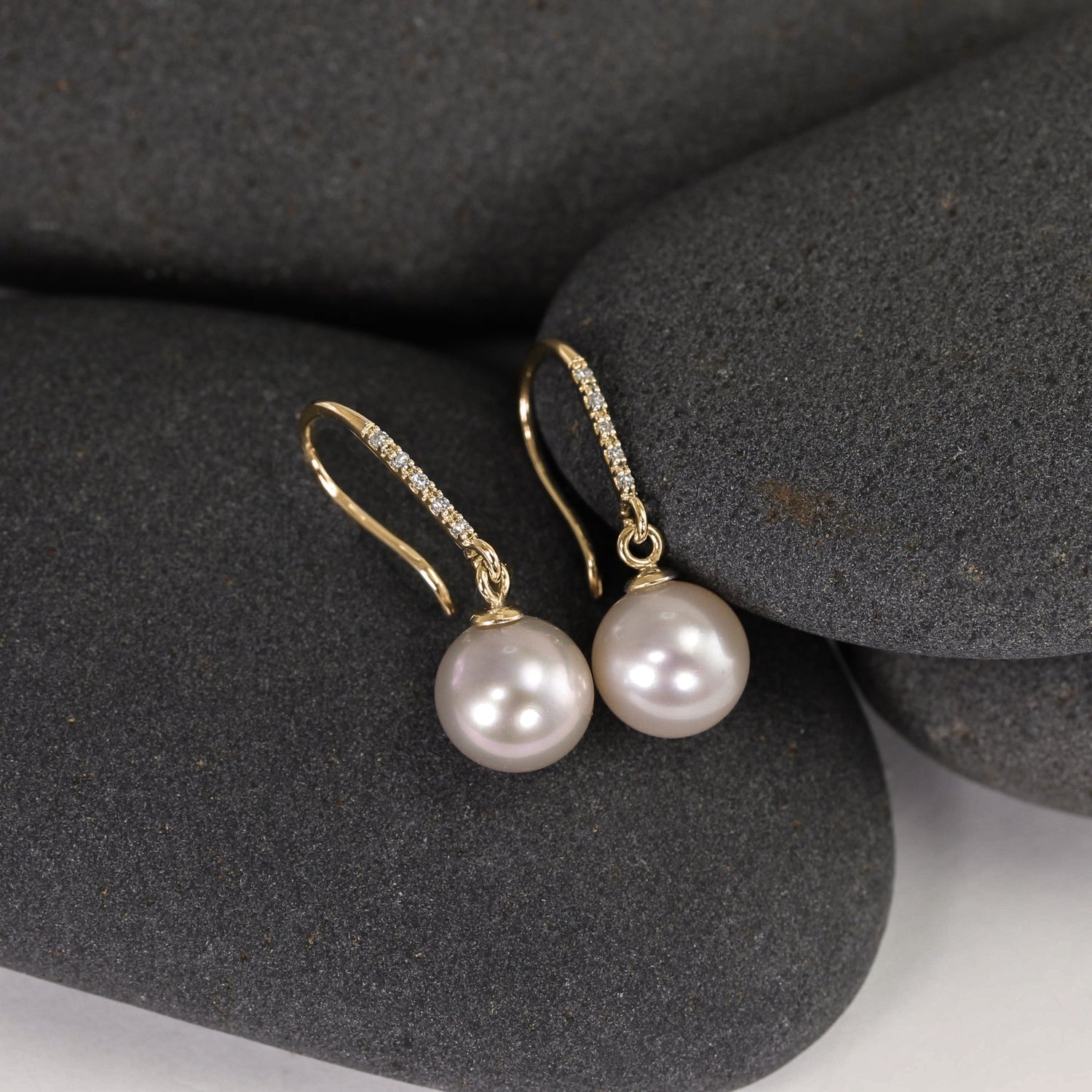 Large Pearl Drops in 14K with Diamond Encrusted Hoops