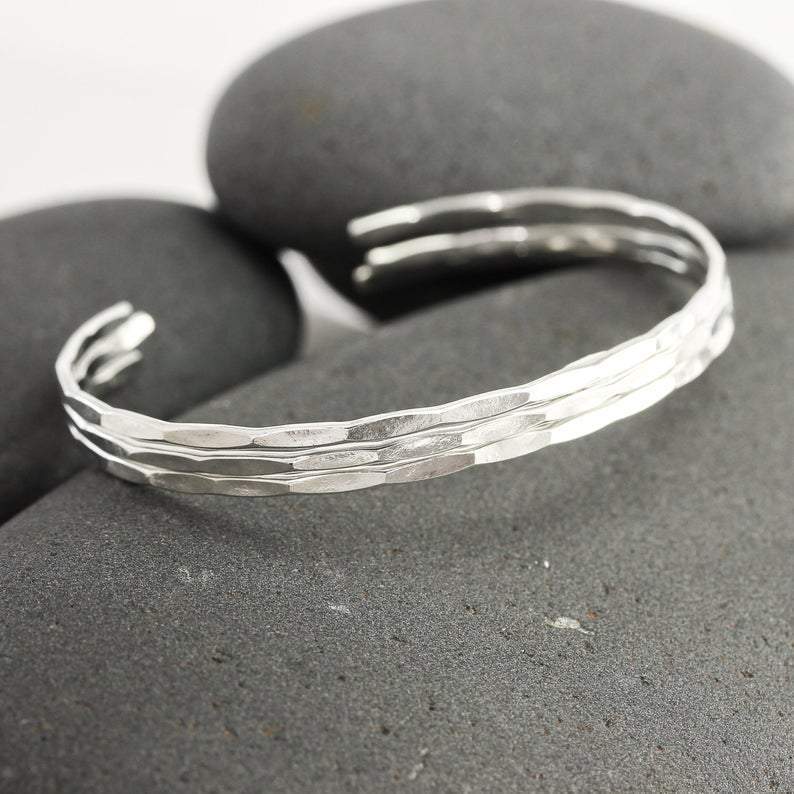 Thin Hammered 14K White Gold Cuff Bracelet