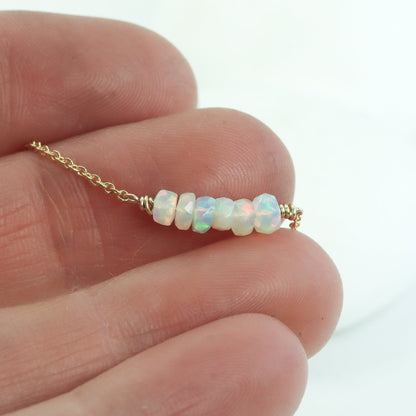 White Opal Bar Necklace with a tiny row of Genuine Opal Stones