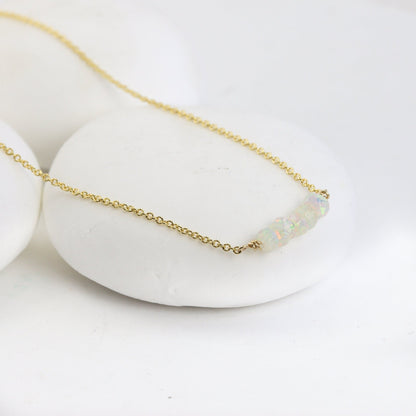 White Opal Bar Necklace with a tiny row of Genuine Opal Stones