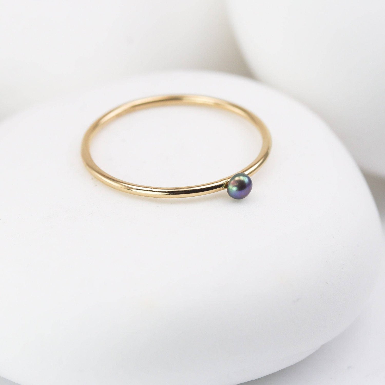 Black Mini Pearl Stacking Ring in Gold Fill