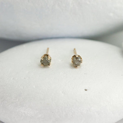 Tiny Raw Diamond Stud Earrings in solid 14K